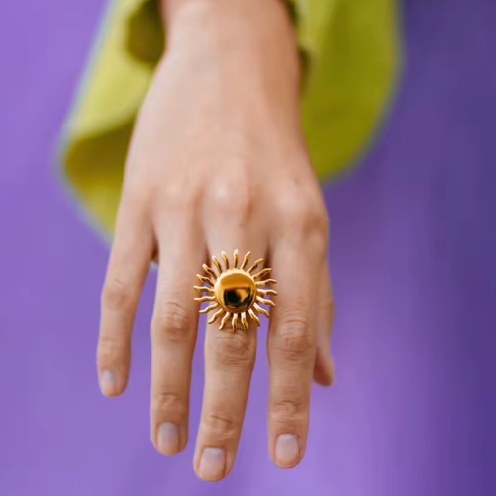 Sunburst 18k Gold Stainless Steel Waterproof Adjustable Ring